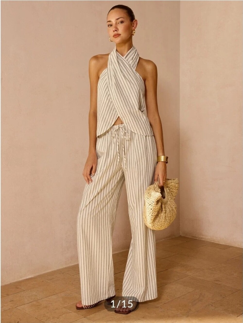 NWT Commense Striped Cotton Linen Halter Top & Pants Set, Large